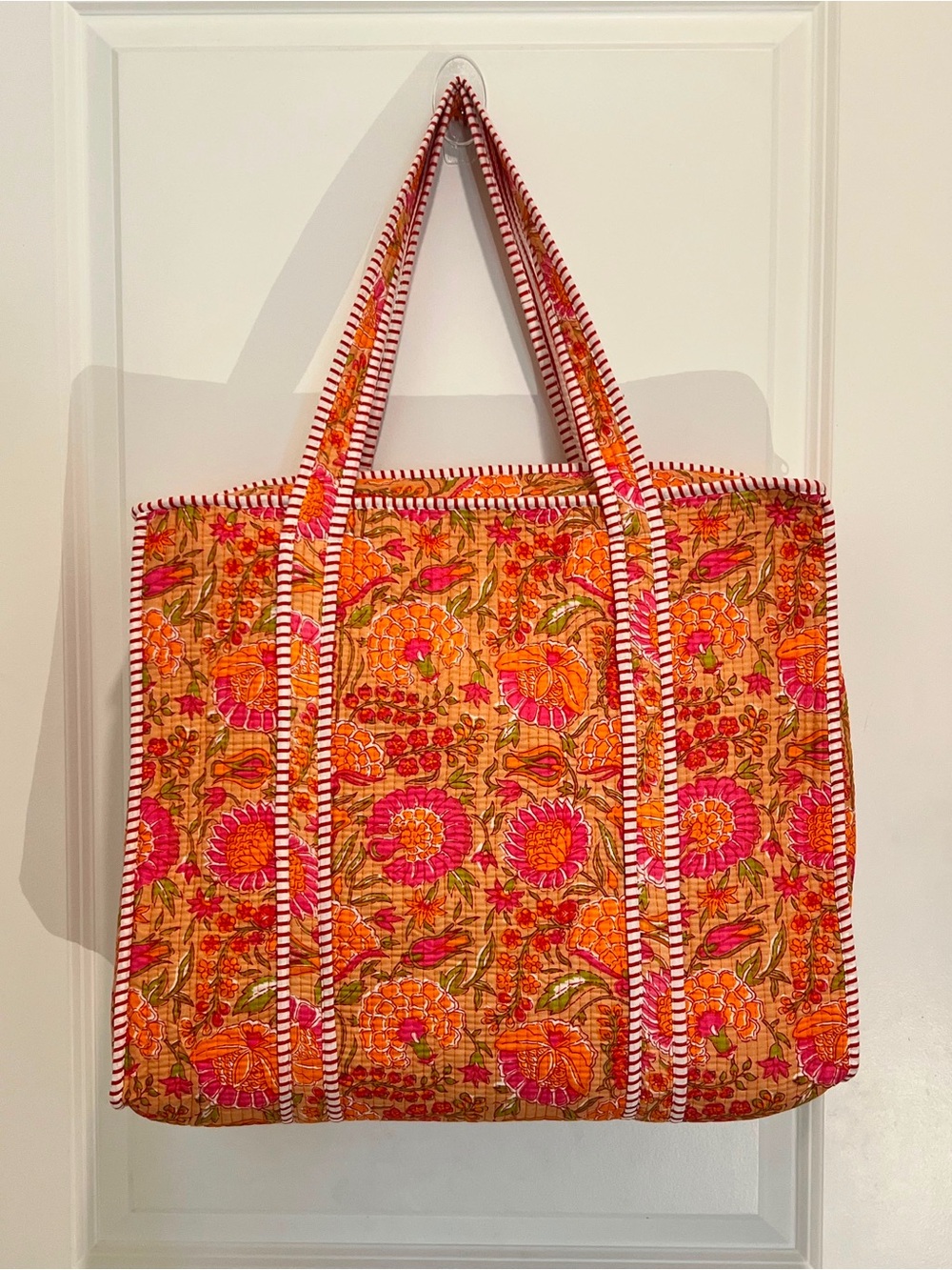 Quilted Floral Tote Bag in Orange & Pink